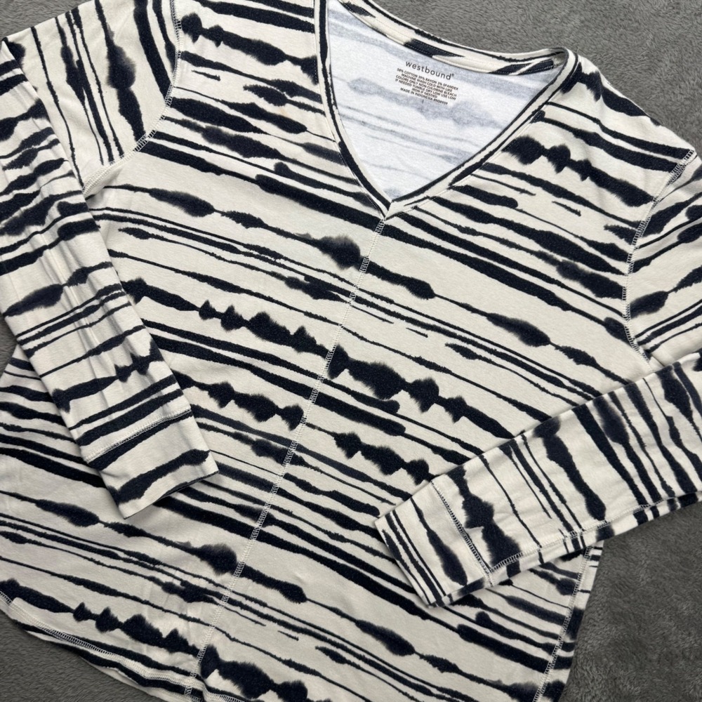 Westbound Top Womens L White Black Good Abstract Stripe V-Neck Long Sleeve